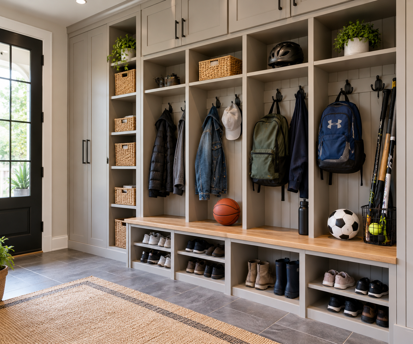 Organized family entry space with built-in cubbies, jacket hooks, a bench, and shoe storage